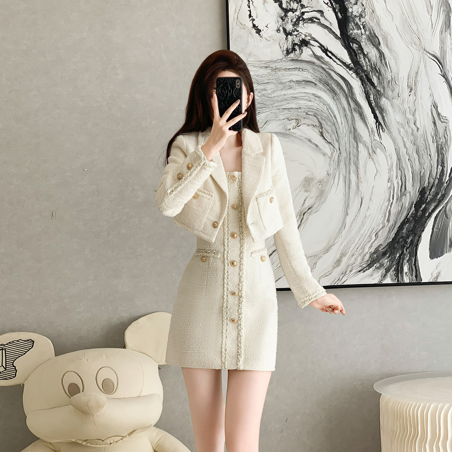 小香风时尚套装女秋冬新款气质名媛两件套短外套吊带连衣裙一整套,淘宝优惠券,粉丝福利购,淘宝优惠卷