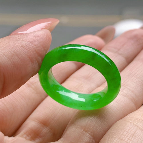 天然缅甸老坑翡翠冰种飘绿满阳绿辣绿满绿色玉石戒指指环戒圈扳指 - 图3