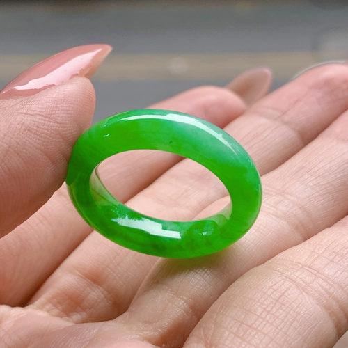 天然缅甸老坑翡翠冰种飘绿满阳绿辣绿满绿色玉石戒指指环戒圈扳指 - 图2