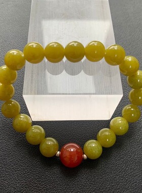 【 新品】 天然岫玉牛油果绿 搭配冰红玛瑙 手链项链耳环三件套