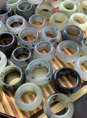 【内径19】F6B天然岫玉青提手墨古风戒指胖圆指环一物一图