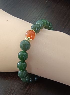 天然和田碧玉手链 单珠约8mm 和田玉搭配盐源无事牌