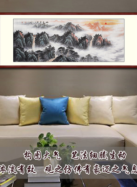 客厅办公室东墙手绘无水靠山国画