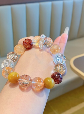 金箔爆花天然水晶手串 招财黄虎眼手链原创设计手串 金箔爆花手串