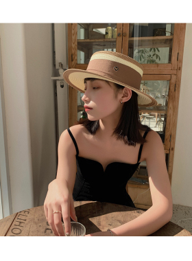 网红平顶草帽女韩版潮夏天沙滩防晒遮阳帽子礼帽M字母编织渔夫帽