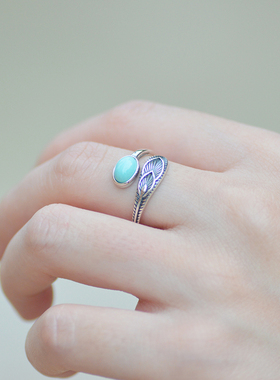 天然原矿绿松石淡雅925银纯银素银复古做旧泰银风格羽毛开口戒指