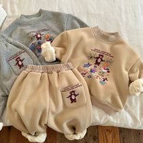 Male and female childrens autumn and winter plus suede suit new children cartoon Little Bear Two sets of baby warm and wee and sweatpants wave