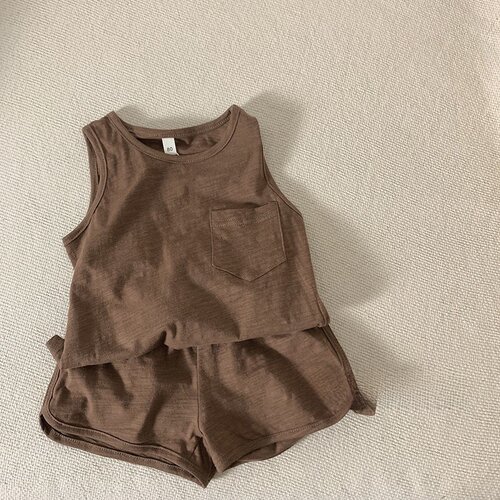 儿童夏季背心无袖套装男女童纯棉短袖T恤透气条纹上衣短裤两件套 - 图1
