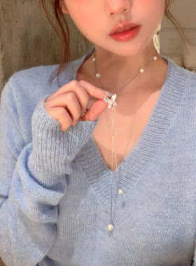 【下单立减50】韩系闪锆蝴蝶珍珠吊坠项链女轻奢高级骨链颈链_SH