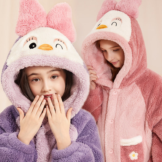 儿童睡袍女童浴袍睡衣珊瑚绒秋冬加绒加厚法兰绒家居服长款男大童