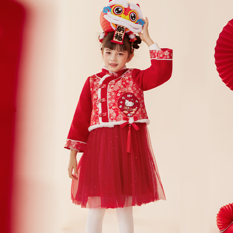 拜年服女童汉服连衣裙加厚新年唐装外套冬装新款红色中国风套装