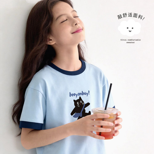 女童短袖t恤夏季新款儿童上衣大童卡通打底衫青少年白色宽松童装 - 图3