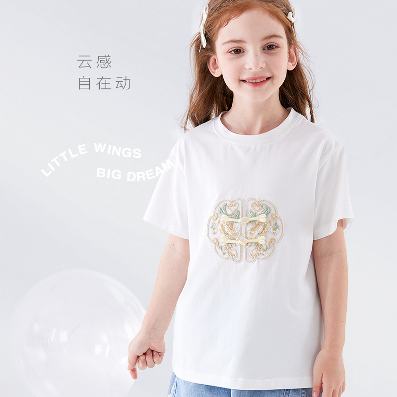 女童短袖T恤夏装大童2024新款中国风白色上衣儿童纯棉打底衫童装