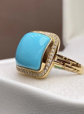 湖北十堰天然原矿绿松石18k金镶嵌戒指女款精品收藏活口轻奢时尚