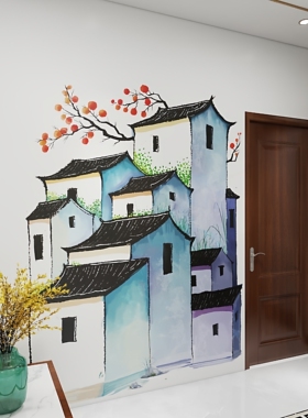 水墨画徽派建筑贴纸中国风背景墙