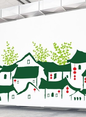 墙贴画江南水乡古典建筑灯笼