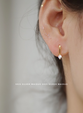 s925纯银简约镶钻女耳钩耳钉
