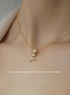 锆石925纯银蝴蝶结女猫咪项链