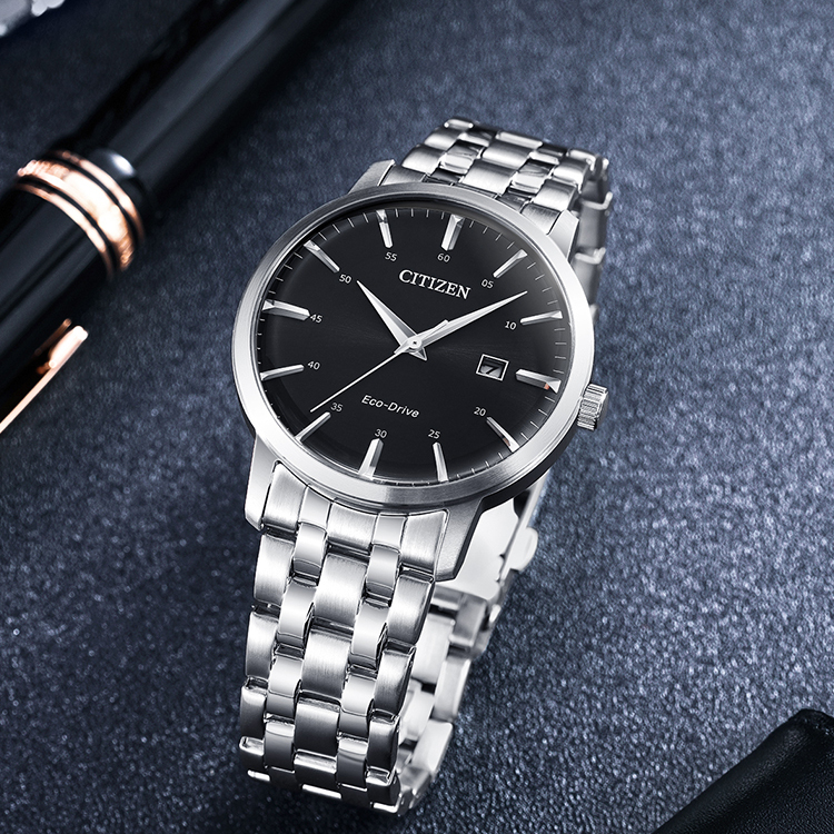 西铁城旗舰店光动能简约防水商务休闲钢带学生礼物男士手表BM7460