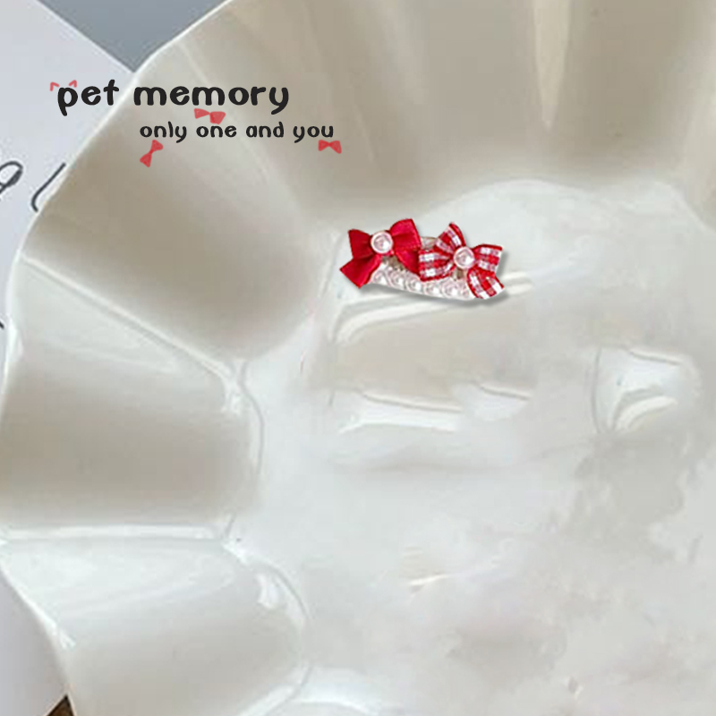 手工迷你碎发宠物bb夹蝴蝶结发夹红格猫咪约克夏马尔济斯比熊 - 图0