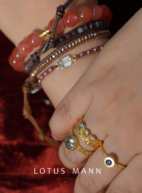 手工拉丝简约三色宝石紫红石榴石/蓝晶/堇青石戒指