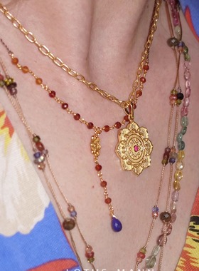 理想世界.Y字修饰金棕红石榴石青金石芬达石925银项链