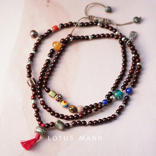 小叶紫檀琉璃珠天然青金石925银老山多元佛珠4圈手串lotus mann - 图1