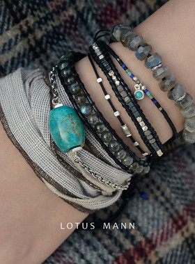 蓝光深色A级拉长石与925银2圈黑色皮绳手链路塔斯曼男简约