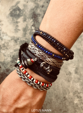 一万三 敖瑞鹏 手链 青金石三圈皮绳男女情侣路塔斯曼 七根心简