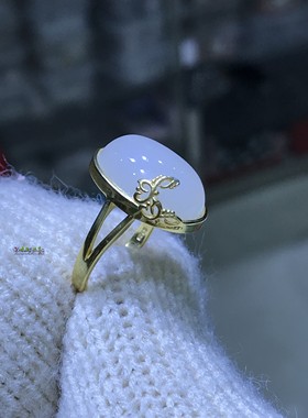 镶嵌天然和田玉白玉戒指银新款