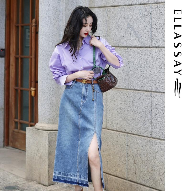 ELLASSAY歌力思春夏秋季新款复古开叉半裙直筒中长牛仔半身裙女 - 图2