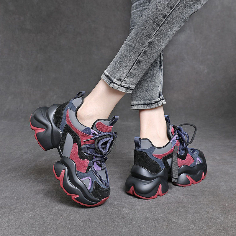 彩色老爹鞋女松糕跟厚底鞋6cm增高 圆头深口鞋系带单鞋休闲运动风,淘宝优惠券,粉丝福利购,淘宝优惠卷