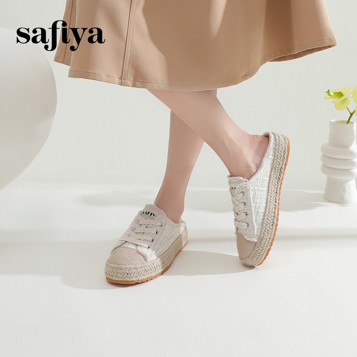 Safiya/索菲娅2024年小香风懒人一脚蹬外穿休闲编织包头半拖鞋女 - 图0