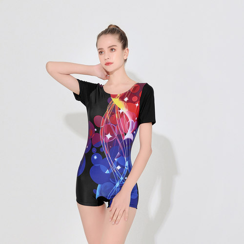 中老年泳衣女保守平角连体遮肚显瘦大码短袖妈妈款泡温泉游泳装 - 图0