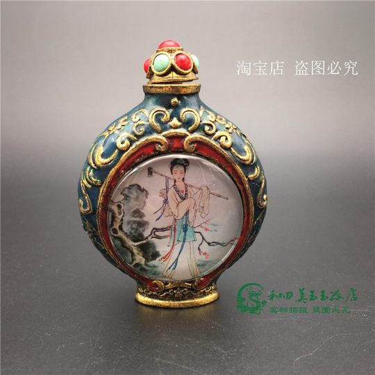 古玩收藏品双面纯铜摆件双面绘画镶宝石鼻烟壶烟具美女内画鼻烟壶