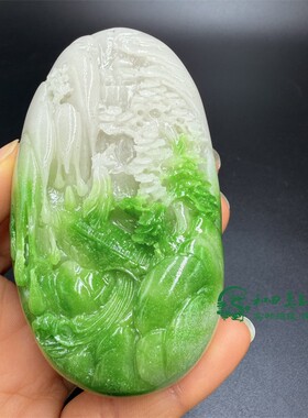 古玩杂项仿白玉翠绿俏色手把件小桥流水山水人脉通达男女款把玩件