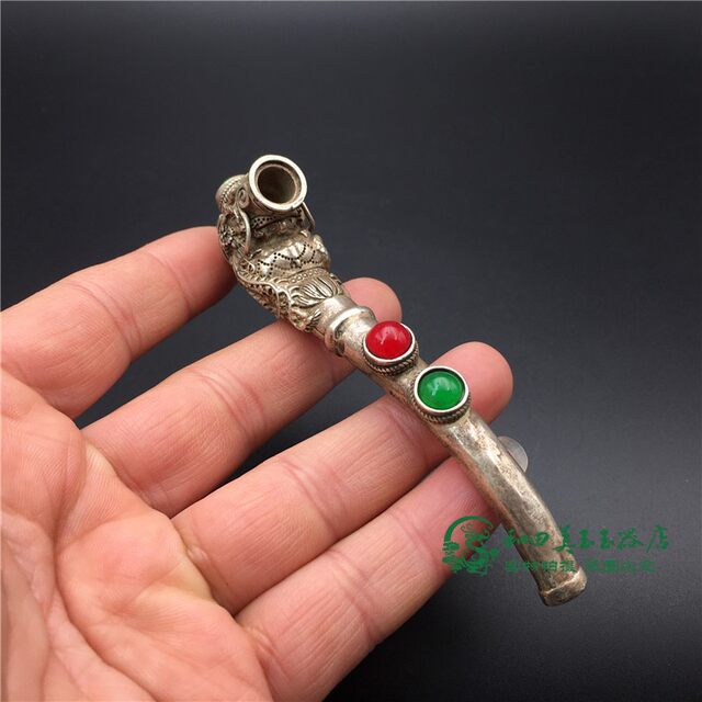 Old silver inlaid Malay jade cigarette pouch antique miscellaneous items