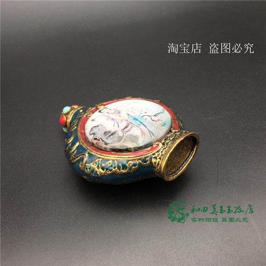 古玩收藏品双面纯铜摆件双面绘画镶宝石鼻烟壶烟具美女内画鼻烟壶