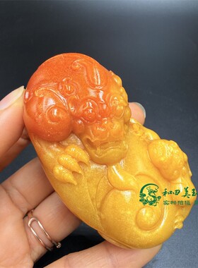 古玩杂项仿云南黄龙玉雕刻子母兽貔貅手把件男女款挂件复古把玩件