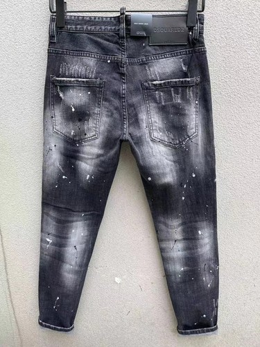 2023春夏新款D2潮男水洗磨破洞补丁油漆泼墨微弹小脚黑色牛仔裤男 - 图0