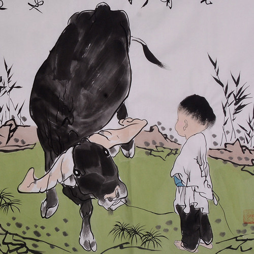 名家范曾字画手绘国画祖孙乐牧牛餐厅卧室现代装饰挂画带防伪证书 - 图0