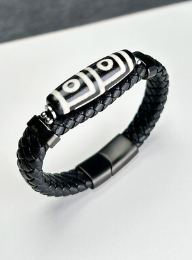 藏式九眼天珠皮质手环男女同款学生手工民族风复古不绣钢玛瑙手链