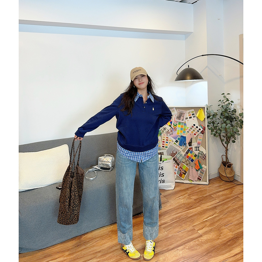 花边下大码女装胖mm2025秋季新款花纹翻边九分直筒牛仔裤烟管裤 - 图0