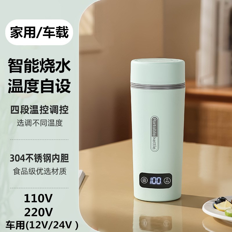 110V电热水杯车载烧水壶12V24V汽车电热水杯加热保温杯便携旅行