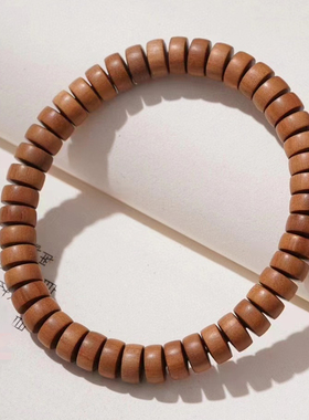 54颗檀木女款手串单圈佛珠老山檀香手链铜钱珠片状有香味饰品天然