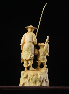 钓鱼佬创意摆件渔翁得利木雕满载而归生意兴隆招财家居玄关装饰