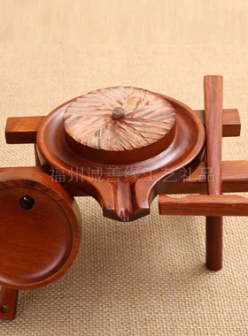 木雕仿古风石磨时来运转客厅摆件