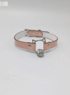 项圈女m皮质choker项链颈环puppy小狗链牵引绳粉色情侣