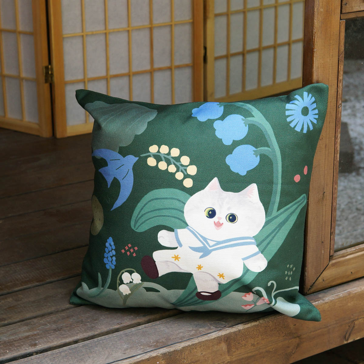 妙吉MEWJI原创日式插画抱枕可爱猫咪棉麻植物花卉靠垫沙发床头腰 - 图3
