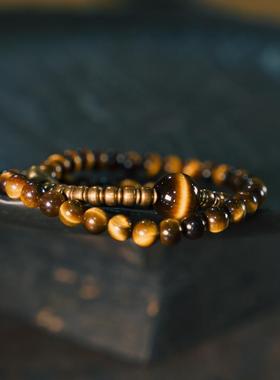 曲尾花原创设计复古百搭双圈手链女 个性黄虎眼石珠子手串男生潮